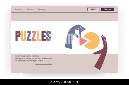 Puzzle-Teil-Landingpage. Minimales Website-Web-Banner mit Navigation und abstrakten Händen, die eine Form zusammenbauen, interaktives UI-Design, kreatives Problemlösungskonzept. Vektor-Cartoon-Flachstil isoliert Stock Vektor