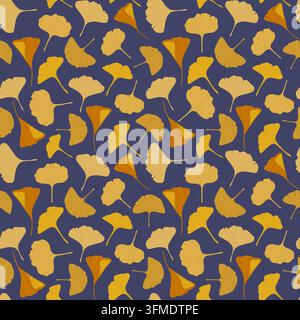 Gelbe Ginkgo-Biloba-Blätter Nahtloses Muster auf Marineblauem Hintergrund. Stockfoto