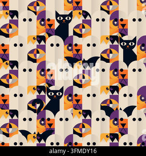 Geometrisches Halloween-Geister- und schwarze Katzen-Muster ohne Naht Stock Vektor