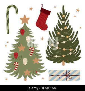Handgezeichnetes Weihnachtselement-Set, Tanne und Fichte mit festlicher Dekoration, Strumpf, Geschenk, Zuckerstange für Winterfeiertagsverpackungen Stock Vektor