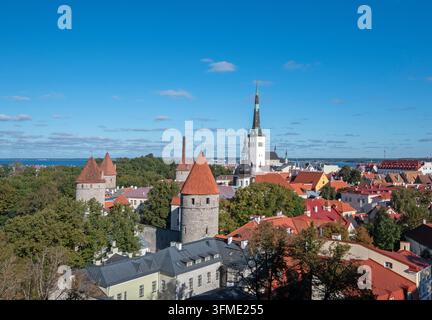 Blick auf die Altstadt mit dem Glockenturm der St.-Olaf-Kirche, Tallinn, Estland Stockfoto