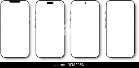 Realistisches Smartphone-Mockup-Set mit weichem Schatten, moderne Mobilrahmen-Sammlung. Premium-Smartphone-Bildschirm-Mockup-Sammlung mit realistischen Geräterahmen. Moderne Mobiltelefon-Mockup-Vorlagen mit leerem Display-Vektor-Set-Illustration. Stock Vektor