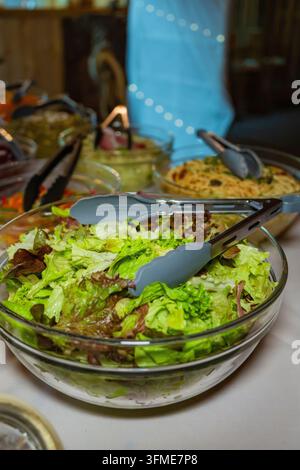 Frischer Buffet-Gartensalat serviert, dekoriert mit zusätzlichen Schüsseln, Hochzeitslocation, Neubulach, Landkreis Calw, Deutschland Stockfoto