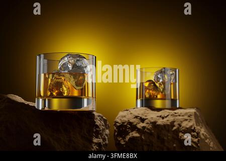 Zwei Whiskey-Gläser mit Eiswürfeln auf Felsen - 3D Illustration Stockfoto