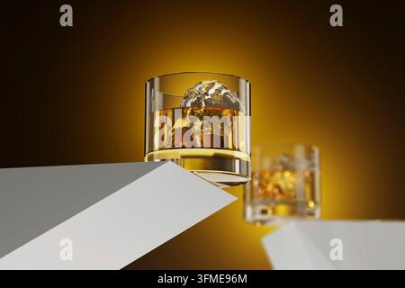 Zwei Whiskey-Gläser mit Eiswürfeln - 3D Illustration Stockfoto