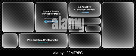 Rechteck-Morphismus-UI mit Glasmorphismus-Glas-HUD für durchsichtige Schaltflächenschachtel. 3D-frostiger Rahmen mit mattem Hintergrund-PNG für Text-CTA-Effekt. Flüssigkeit Stock Vektor
