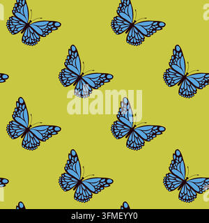 Nahtloses Muster mit lustigen bunten Schmetterlingen und Blumen. Farbige flache Vektordarstellung für Einladung, Poster, Karte, Textil, Stoff. Schmetterling Stock Vektor
