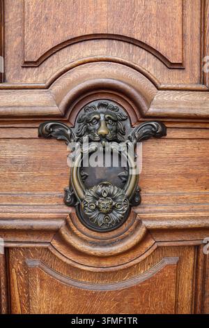 Löwenförmiger Türgriff an einer Holztür. Tierdeko. Stockfoto