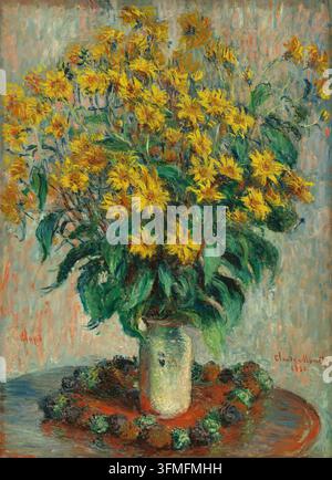 Historisches Gemälde von „Jerusalem Artichoke Flowers“ von Claude Monet, 1880, das einen lebendigen Strauß gelber Jerusalem-Artischockenblüten zeigt, die in einer Vase auf einem Tisch arrangiert sind. Stockfoto