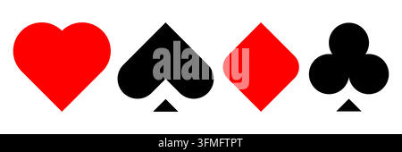Moderne Poker-Farbensymbole – Herzen, Kreuze, Pik und Karo. Einzigartige moderne geometrische Symbole. Kasino-Glücksspiel-Thema-Vektorillustration. Schwarze und rote einfache Silhouetten-Flächen. Stock Vektor