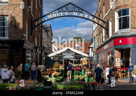 Eingangsbogen des Shambles Market, der eine Gasse in York überspannt, Käufer durchstöbern einen Außenstand mit Pflanzen und Blumen unter Backsteinfassaden, Blick auf Straßenniveau Stockfoto