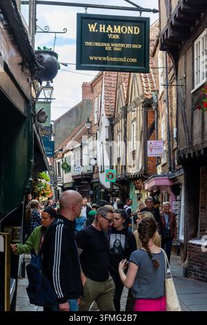 Fußgänger schlendern die The Shambles in York entlang, einer belebten mittelalterlichen Einkaufsstraße, die von überhängenden Holzbauten und traditionellen hängenden Schildern eingerahmt ist Stockfoto