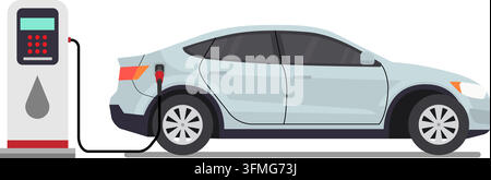 Eine flache Vektorillustration eines modernen weißen Elektroautos, das an eine öffentliche Ladestation angeschlossen ist, vor weißem Hintergrund, das umweltfreundliche Tran Stock Vektor