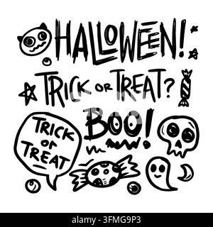 Handgezeichnetes Halloween-Doodle-Set mit Textschrift "Trick oder Treat" und "Boo" Stock Vektor