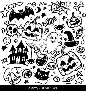 Handgezeichnetes Halloween-Doodles-Set mit niedlichem Geist, Kürbis, Fledermaus und gruseligen Elementen Stock Vektor