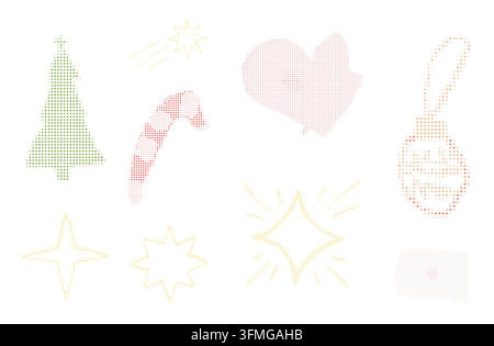 Pixel-Art-Weihnachts- und Neujahrs-Icons, eine festliche Bitmap-Sammlung mit getönten Ornamenten, Sternen und Zuckerstangen in modernem Stil. Stock Vektor