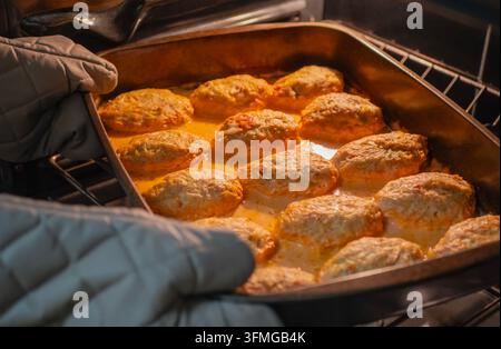 Eine Nahaufnahme einer Person, die eine Backform aus dem Ofen zieht, gefüllt mit hausgemachten Hühnerfleisch-Patties mit Gemüse (faule Krautwickel) köchelnd Stockfoto