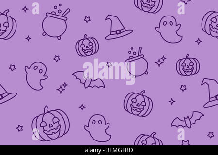 Nahtloses Halloween-Muster mit Kürbissen, Geistern, Hexenhüten und Fledermäusen auf violettem Hintergrund Stock Vektor
