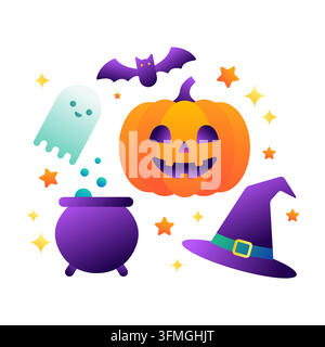 Buntes Halloween-Clipart-Set mit Kürbislaterne, sübem Geist, Hexenhut, brodelndem Kessel, Fledermaus und Sternen, isoliert auf weißem Hintergrund Stock Vektor