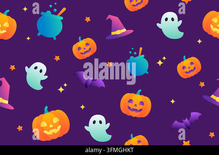 Nahtloses Halloween-Muster mit Kürbissen, Geistern, Hexenhüten und Kessel auf violettem Hintergrund Stock Vektor