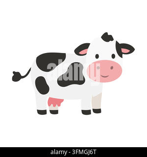 Bezaubernde niedliche Cartoon-Kuh mit schwarzen und weißen Flecken. Freundlicher Bauernhof-Tiercharakter-Vektorillustration im Flachstil isoliert auf weißem Hintergrund. Stock Vektor