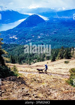 Wanderer auf dem Weg zum Gipfel des Dog Mountain über der Columbia River Gorge National Scenic Area, Washington. Stockfoto