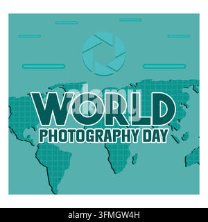 Typografie-Logo für den Welttag der Fotografie mit Weltkarten-Hintergrund. Flache Vektor-Moderne Illustration Stock Vektor