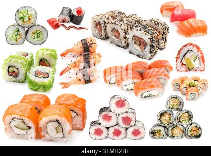 Japanisches Essen und Sushi-Catering, eine Vielzahl frischer Maki-Rollen und Nigiri mit Lachs und Thunfisch für die Restaurantkarte isoliert auf weißem Hintergrund Stockfoto