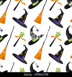 Nahtloses Halloween-Muster mit Hexenhüten, Besenstöcken und Zauberstäben auf weißem Hintergrund flach Stock Vektor