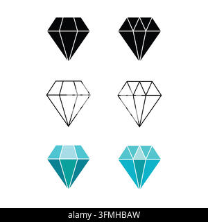 Ein Satz von Diamant-Vektor-Icons mit schwarzen Silhouetten, Linienkunst und blauen Edelstein-Designs für Luxus-, Schmuck- und Grafikdesign-Projekte. Stock Vektor