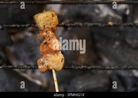 Nahaufnahme von marinierten Fleischstücken auf einem Bambusspieß, die über heißer Kohle gegrillt werden, mit rauchigen dunklen Grillrosten im Hintergrund. Stockfoto