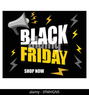 Black-Friday-Verkauf mit Text und Megafon auf schwarzem Hintergrund. Verkaufsdesign für Web, Site, Banner, Poster. Flache Vektor-Modernillustration Stock Vektor