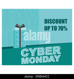 Horizontalbanner für Cyber Monday. Verkaufsbanner für saisonale Rabatte. Realistische blaue Geschenkschachtel mit schwarzer Seidenschleife. Flache Vektor-Modillustration Stock Vektor