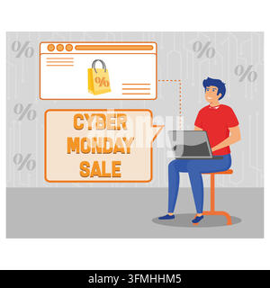 Männer shoppen am Black Friday und Cyber Monday. Flache Vektor-Moderne Illustration Stock Vektor