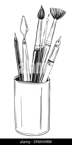 Handgezeichnete Tasse mit Pinseln, Spachtel, Stift und Bleistift. Monochromes Schwarz-Weiß-Tintenillustration im Vintage-Linienstil, isoliert auf Stock Vektor