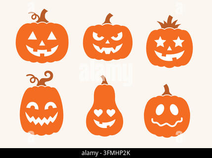 Niedlicher flacher Halloween-Jack-o'-Lantern-Kürbisse-Vektor-Set mit geschnitzten Ausdrucksgesichtern für Herbstferien-Dekor und saisonale Basteldesigns Stock Vektor