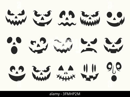 Halloween-Kürbisschnitz-Gesichter-Vektor-Set mit gruseligen, bösen und niedlichen Jack-o'-Lantern-Ausdrücken für Herbstparty-Dekoration und Basteln Stock Vektor