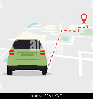 Flache Vektorillustration eines grünen Autos von hinten, mit einem roten gestrichelten Pfad zu einem roten Ziel-Pin auf einer vereinfachten Stadtkarte. Ideal für GPS-Apps. Stock Vektor