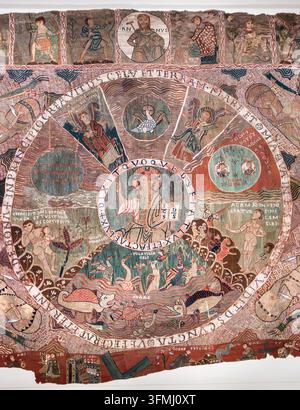 Die Geschichte der Genesis oder Schöpfung, wie sie im romanischen Schöpfungsteppich aus dem 11. Jahrhundert (eigentlich Handarbeit) in der Kathedrale von Santa Maria in Girona, Spanien, erzählt wird Stockfoto