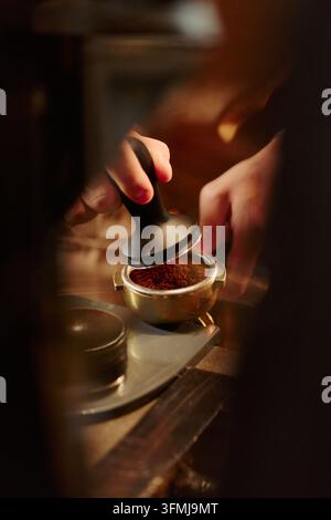 Barista-Hände stampfen gemahlenen Kaffee in den Portafilter für Espresso Stockfoto