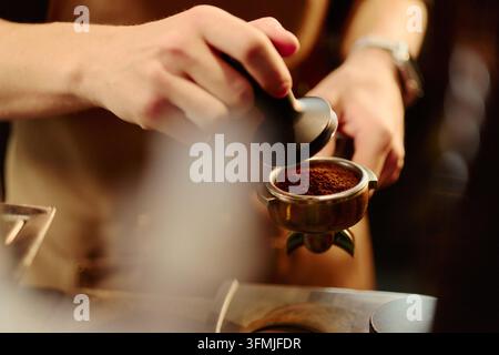 Männlicher Barista stampft gemahlenen Espresso-Kaffee in den Portafilter Stockfoto