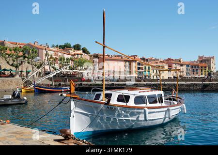 Frankreich, Pyrénées-Orientales, Côte Vermeille, Collioure, wurde 2024 zum Lieblingsdorf Frankreichs gewählt, ist eine Petite Cité de Caractère (kleine Stadt von Charakter), katalanische Boote Stockfoto