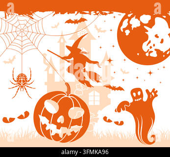 Grunge Halloween Rahmen mit Fledermäusen, Kürbis und Spinne, Vektor-illustration Stock Vektor