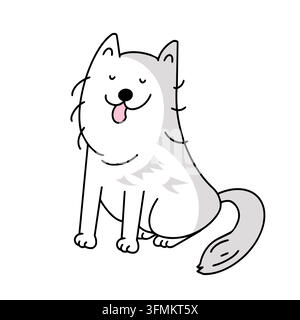 Niedlicher Samojede-Hund Cartoon Vektor isolierte Illustration. Glücklicher weißer flauschiger Haustiercharakter Linienkunstkonzept. Kawaii-ästhetisches Pop-Aufkleberdesign-Banner Stock Vektor