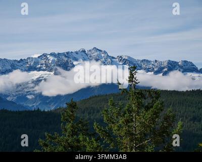 Schneebedeckte Berggipfel erheben sich über niedrige Wolken und einen dichten immergrünen Wald in British Columbia, Kanada. Stockfoto