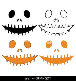 Halloween-Kürbisf Gesichts-Illustrations-Vektoren-Set. Gruselige Jack-o'-Lantern-Ausdrücke mit Silhouetten- und Linienkunststilen isoliert auf weißem Hintergrund f Stock Vektor