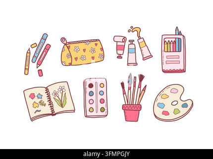 Bürobedarf und hübsche Sammlung für die Schule. Hand gezeichnete Kawaii Vektorelemente Set für Arbeit und Bildung. Stock Vektor