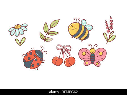 Frühlingsnatur-Illustrationsset mit Blumen, Biene, Marienkäfer, Schmetterling und Kirschen. Handgezeichnete verspielte Vektor-Elemente-Set Stock Vektor