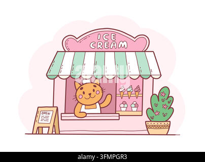 Süßes Eiscafé mit einer Katze. Handgezeichnete Kawaii-Vektorillustration für Kinder Stock Vektor