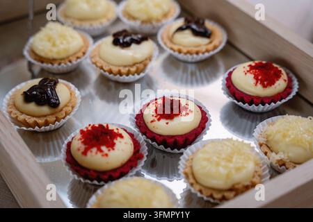 Verschiedene köstliche Mini-Käsetörtchen mit verschiedenen Belägen auf einem Serviertablett angeordnet. Stockfoto